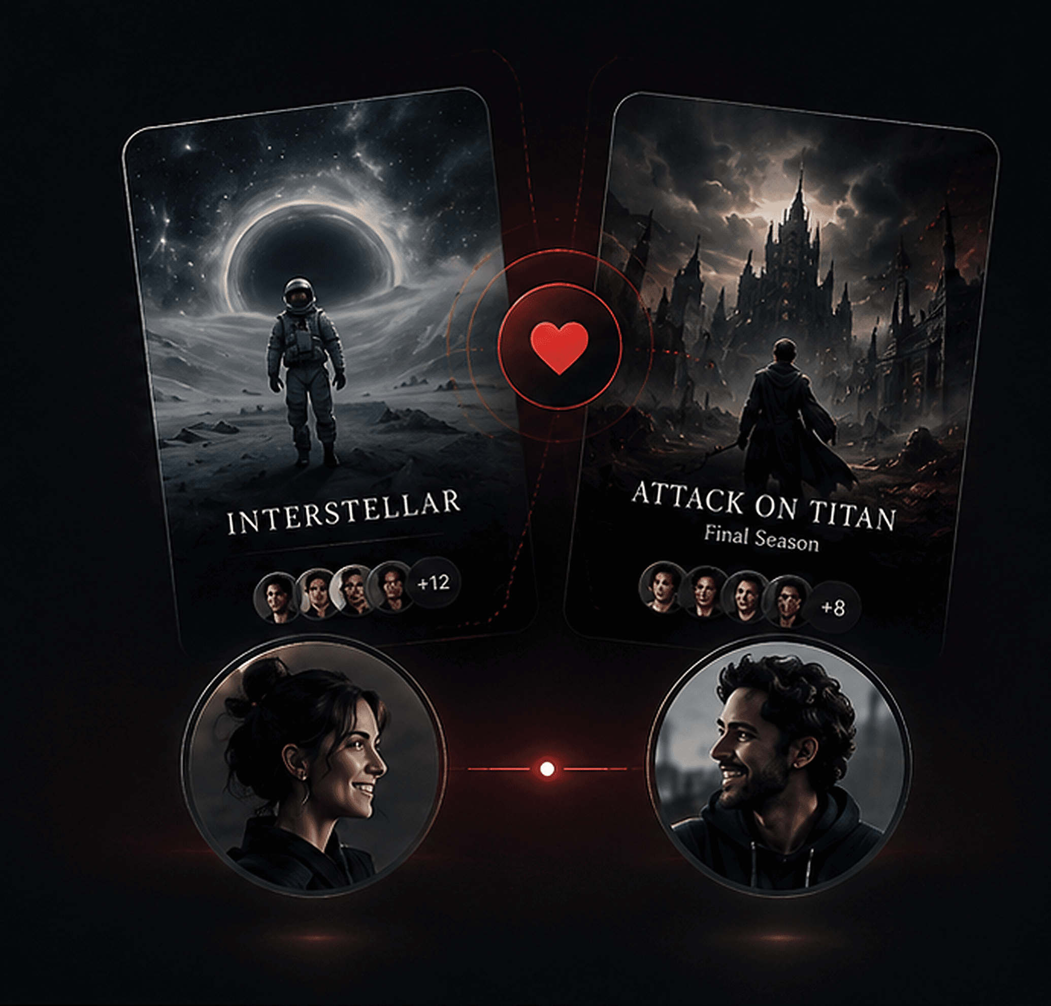 CircleShows taste matching — two users connected through shared movie picks